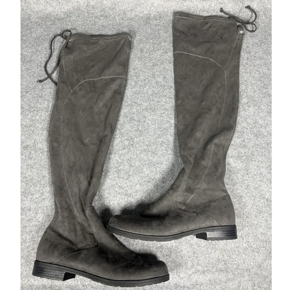 Unisa Tall Over The Knee Boots 10M Grey‎ Faux Suede Tie Back